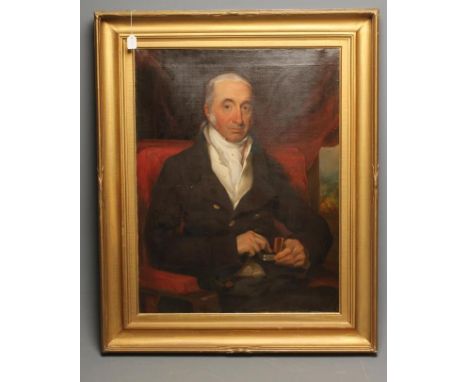 ENGLISH SCHOOL (Early 19th Century), Portrait of a Seated Gentleman taking Snuff, half length, oil on canvas, unsigned, 36" x