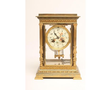 A FRENCH BRASS CASED FOUR GLASS MANTEL CLOCK, c.1900, by Samuel J. Marti, the twin barrel movement with Brocot escapement str