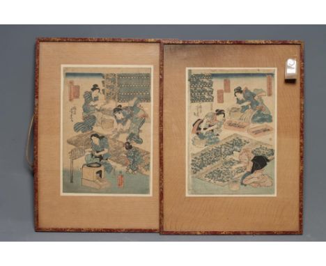 YOSHITORA UTAGAWA (c.1830-1880), Women Engaged in Domestic Activity, a pair, wood block prints, 14 1/4" x 10", red lacquered 