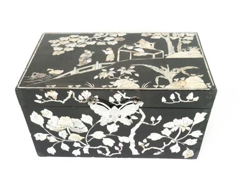 A Chinese  mother of pearl inlaid box rectangular box and cover, 19th century, the red interior fitted with a tray, the box i