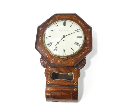 A brass inlaid mahogany fusee clock, with round white Roman dial marked Holmes Smithard, Derby, in a brass surround in an oct