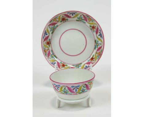 Two 18th century English porcelain tea bowls and saucers together with a porcelain tea cup and saucer painted in coloured ena