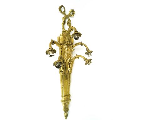 A large cast brass five branch 18th century French style wall bracket light with bow cresting, 94cm high