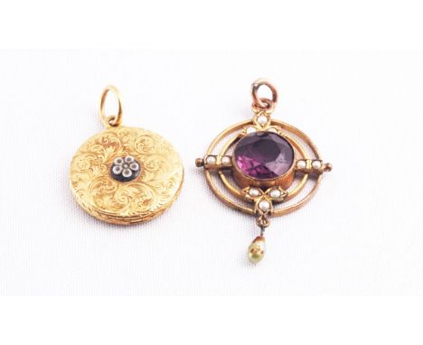 An 18ct gold (tested) locket pendant with engraved finish; A 9ct gold (tested) amethyst and seed pearl pendant. Gross weight:
