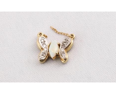 A yellow and white metal butterfly pendant principally set with a marquise cut opal and finished with single cut diamond set 