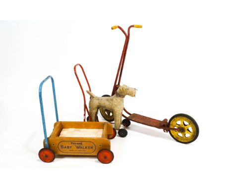 A Triang 'Baby Walker', mid 20th century, the push along trolley with modern wooden blocks, together with a push along toy do