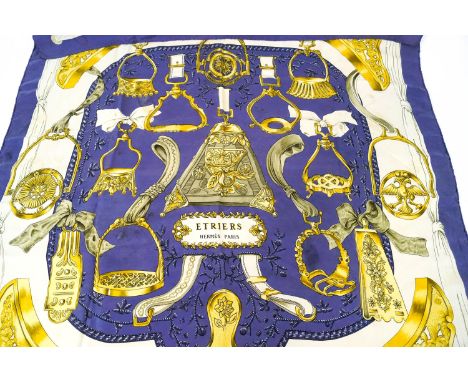 A collection of five vintage French scarves, including a Hermes 'Etriers' example, a Stella Maris blue maritime pattern scarf