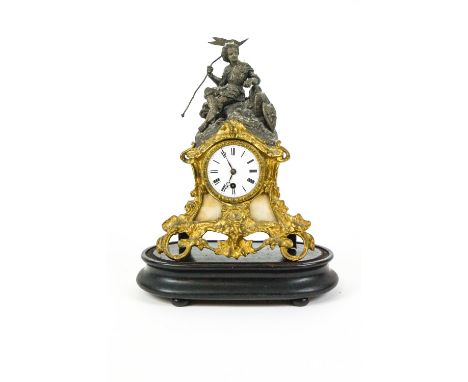 A Continental gilt metal mantle clock on embossed wood stand, the clock surmounted by a flag bearing knight with enamel dial,