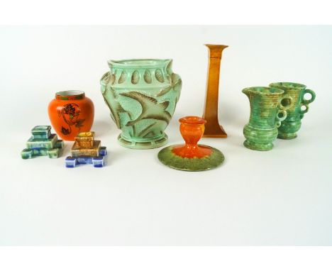 A group of Art Deco ceramics, circa 1935,   various printed  painted and impressed marks, comprising : a Burleigh ware green 