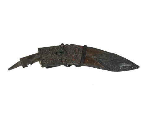 A Persian white metal and jewel mounted scabbard and dagger, 38cm long