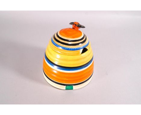 A Clarice Cliff 'Bizarre'  honey pot, of reeded form, circa 1930, printed Newport pottery marks, painted with bands in yellow