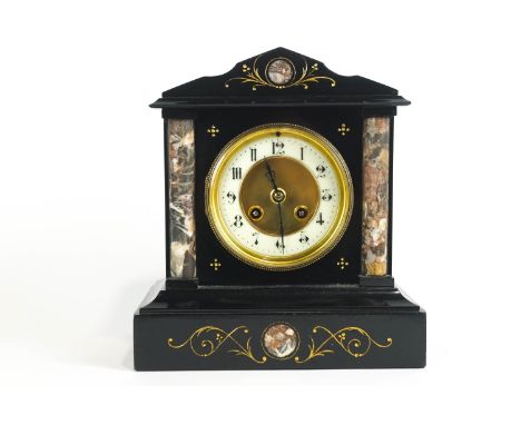 A Victorian Belgian slate and marble mantel clock, or neo-classical form, the brass enamel dial flanked by two marble columns