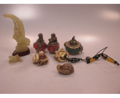 Three resin netsuke, an onyx ornament of birds and three hardstone ornaments with white metal decoration  