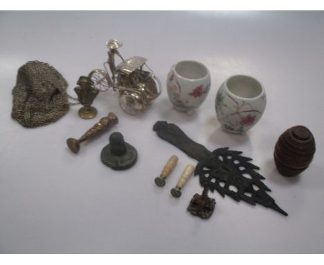 Nutmeg grater in treen case and Far Eastern rickshaw, chain mesh purse &amp; two cups &amp; a few other smalls  
