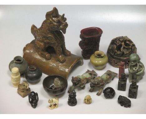 Chinese glazed roof tile, seals, netsuke etc  