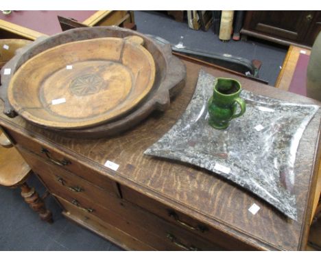 Two rustic wooden bowls and a fossil dish  