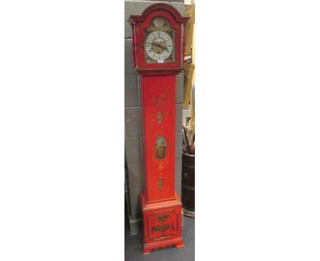 A red lacquer longcase clock, 175cm high  