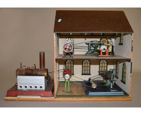 Scratch built model of a Victorian woodworking shop. Overall 44cm tall. Steam engine / Boiler is mounted on it's own 24cm x 2