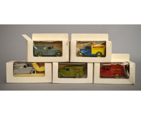 Five boxed Dinky Toys copy models of some of their vintage vans, probably by DG, including Palethorpes, Craawfords Castrol,  