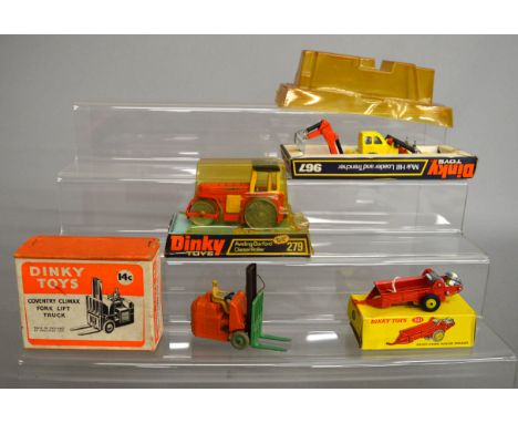 Four Dinky Toys diecast models, 14c, 321 Manure Spreader, late issue with yellow plastic hubs, 279 Road Roller and 967 Muir H