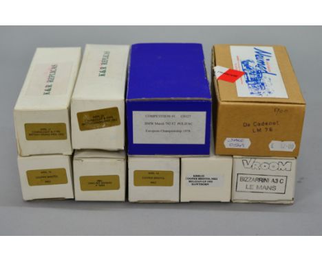 Nine boxed  white metal and resin  model car kits  in 1:43 scale, various brands including 'K & R Replicas Racing Line' (UK).