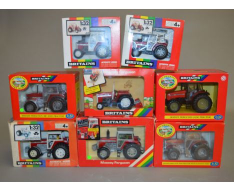 Eight Britains diecast model Massey Ferguson tractors: 9502 MF362 with white cab; 9502 MF362 with silver cab; 9441 3680 with 