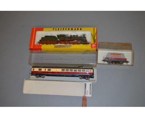 HO gauge. Fleischmann: 4147 0-4-0 '4537 Hannover' tender locomotive; 5612 Trans Europ Express coach; 5569 wagon. All boxed, G