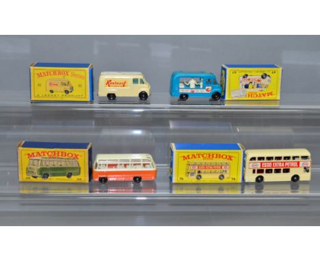 Four boxed Matchbox diecast models from their '1-75 series' including 47b Lyons Maid Ice Cream Canteen, blue with oval roof d