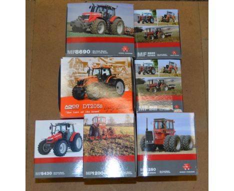 Six boxed Universal Hobbies diecast model Massey Ferguson  Tractors in 1:32 scale together with a boxed AGCO DT205B Tractor, 