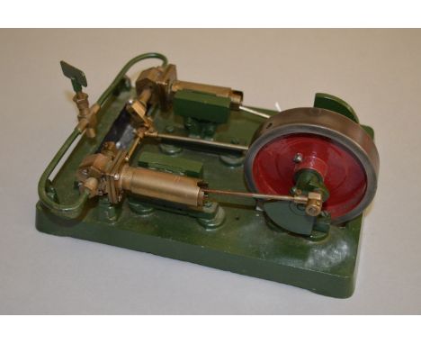 Well built Horizontal twin cylinder steam engine of steel and brass construction, mounted on a 24cm x 17cm alloy base.