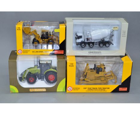 Four boxed diecast model Construction Vehicles in 1:50 scale, including a  Cement Mixer Lorry and a Claas FL120 Tractor both 