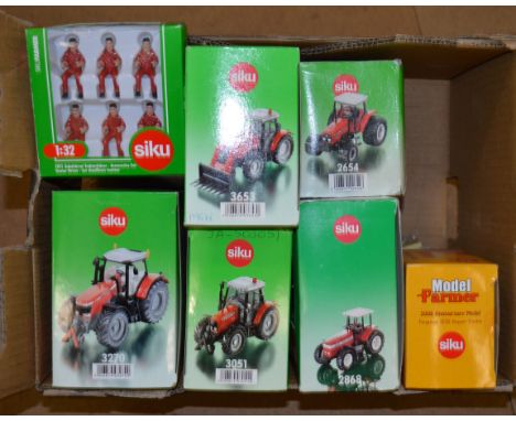 Six Siku diecast model tractors: 3270; 3653; 2868; 2654; 3051; Model Farmer 2008 Anniversary Model Ferguson TE20 Airport Trac