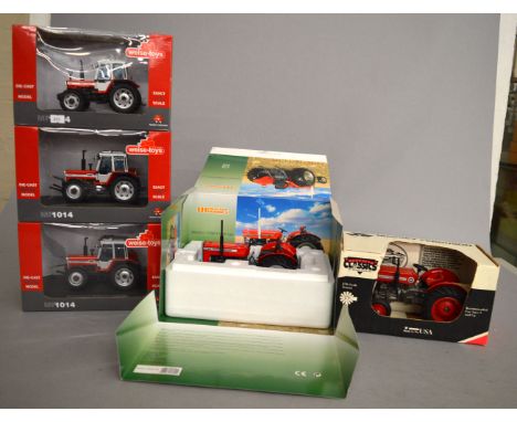 Three boxed Weise Toys Massey Ferguson Tractor models in 1:32 scale, VG in VG boxes together with an MF135 model in 1:16 scal