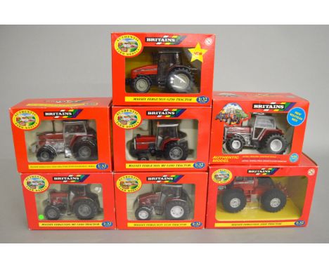 Seven Britains diecast model Massey Ferguson tractors: 42105 1505; 09449 6140; two 9441 3680 with Floatation Tyres; 9491 6180