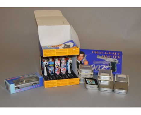 Assorted James Bond 007  lighters: Bic James Bond shop display box containing 25 lighters; nine Zippo lighters in cases; 'Car