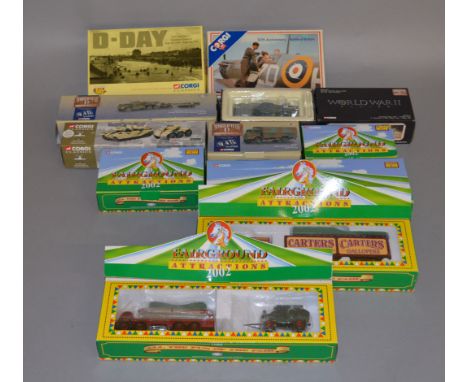 11 x Corgi diecast models: five Fairground Attractions 2001; six assorted military models. Overall appear VG, boxed. 