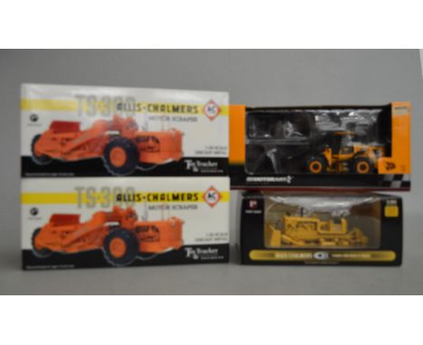 Four diecast 1:50 scale construction models: two First Gear Toy Trucker & Contractor Exclusive TS-300 Allis-Chalmers Motor Sc