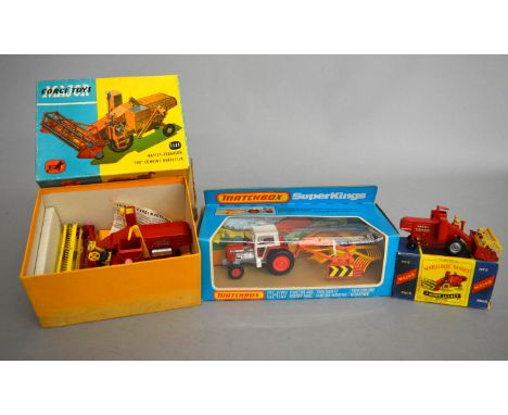 Three boxed diecast agricultural models, Corgi 1111 MF Combine Harvester, G+ in G/G+ box,  Matchbox Superkings K-87 Tractor a