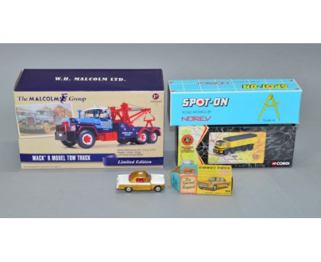 A mixed group of boxed diecast models including a First Gear 'Mack R Model Tow Truck' in 1:34 scale, a Corgi 1:50 scale 23901