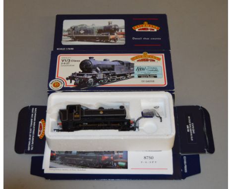 OO gauge. Three Bachmann BR black tank engine locomotives: 32-201 8750 Pannier Tank 8763; 31-602 V1 67664 Hopper Type Bunker;