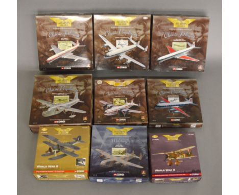 Nine Corgi Aviation Archive diecast model aircraft, includes Classic Propliners, Frontier Airliners, etc. Overall appear VG, 