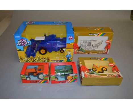 Five Britains diecast models: 9422 Tractor in orange; 9422 Tractor in green; 9919 Tipping Dump Truck; 9912 Dynapac CA25 Road 