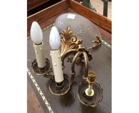 A PAIR OF GILT METAL AND FROSTED GLASS ELECTRIC WALL LIGHTS each 30cm wide together with a pair of three branch gilt metal el