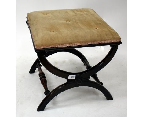 A 19TH CENTURY ROSEWOOD 'X' FRAMED STOOL with a button upholstered square top 43cm wide 