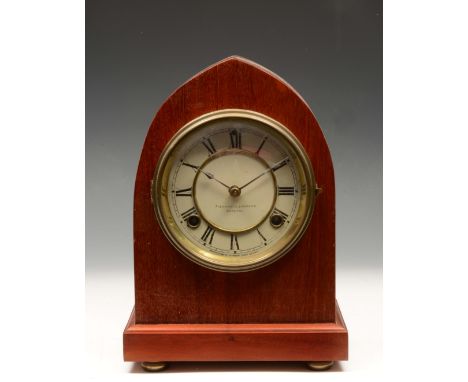 A MAHOGANY MANTEL CLOCK the Roman dial inscribed Plesance & Harper, Bristol with Waterbury Clock Co. USA twin train gong stri