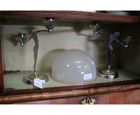 A PAIR OF CHROME ART DECO STYLE TWIN BRANCH CANDELABRA together with an Art Deco circular mirrored hanging light fitting 45cm