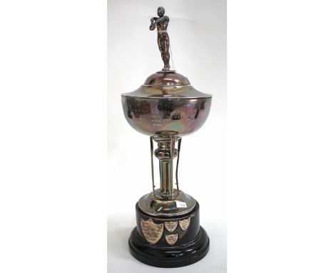 A SILVER AQUATIC SPORTS TROPHY CUP engraved 'The Beavis' memorial cup for aquatic sports and having a finial in the form of a