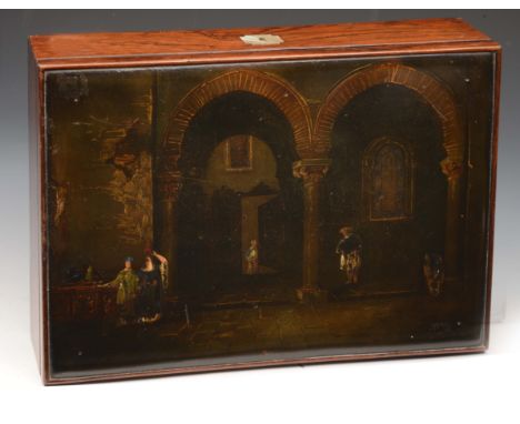 A 19TH CENTURY ROSEWOOD WRITING BOX, the lid inset with a painted and gilt heightened panel depicting figures in an arched ha