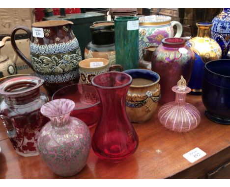 A COLLECTION OF CHINA AND GLASSWARE to include Royal Doulton jugs, a small Royal Doulton vase decorated with Dover Castle and