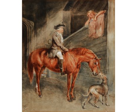 J * W * A figure on horseback in stable, signed with monogram, watercolour, 33 x 29cm; and a hunting scene, signed with monog